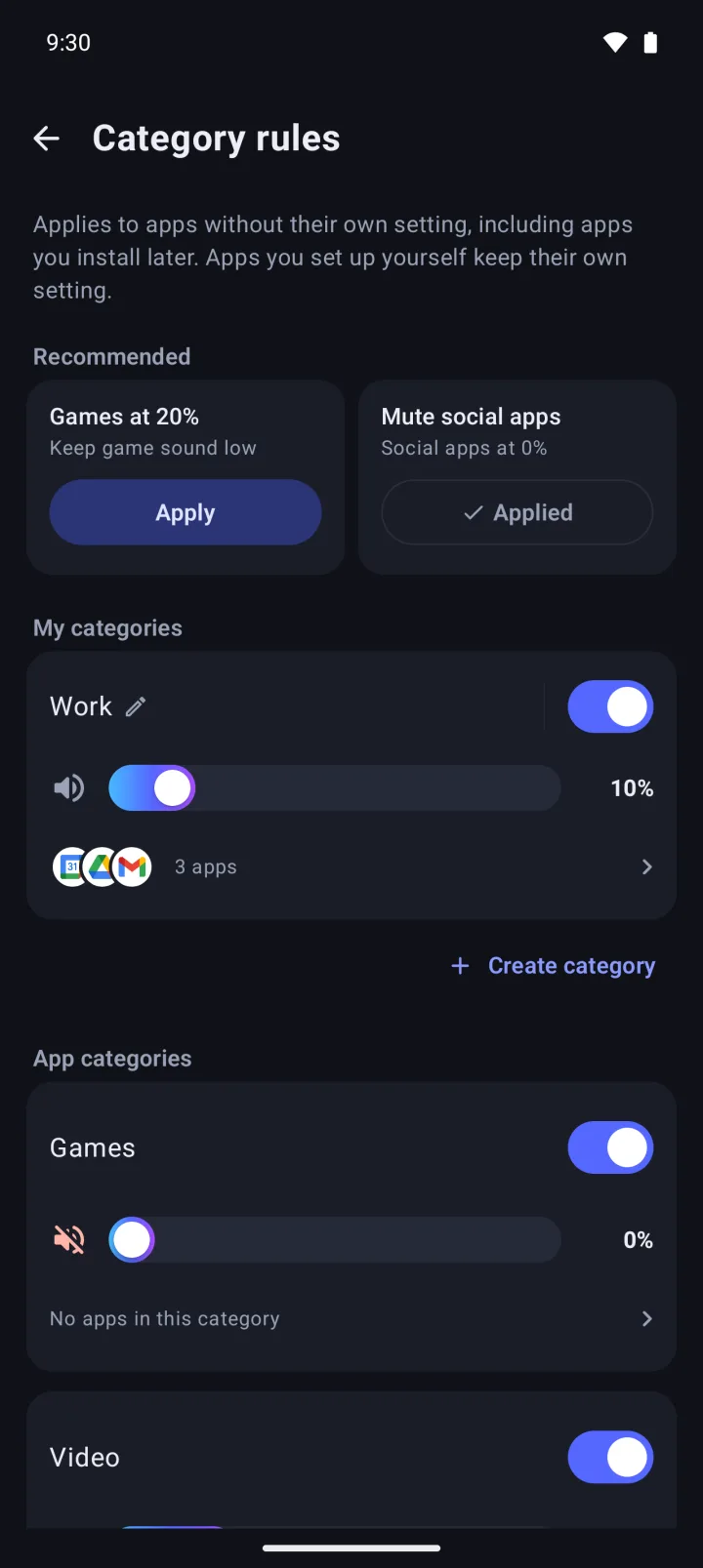 Category rules: recommended presets, a custom category called Work at 10%, and the Games category muted at 0%.