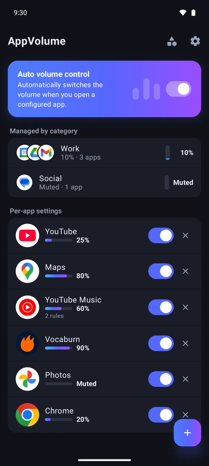 AppVolume's home screen: Auto volume control is on, with category groups and per-app volumes for YouTube, Maps, YouTube Music, Photos and Chrome.