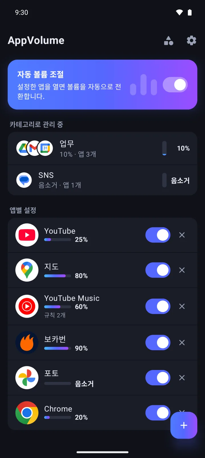 AppVolume 홈 화면. 자동 볼륨 조절이 켜져 있고, 카테고리 묶음과 YouTube·지도·YouTube Music·포토·Chrome의 앱별 볼륨이 보여요.