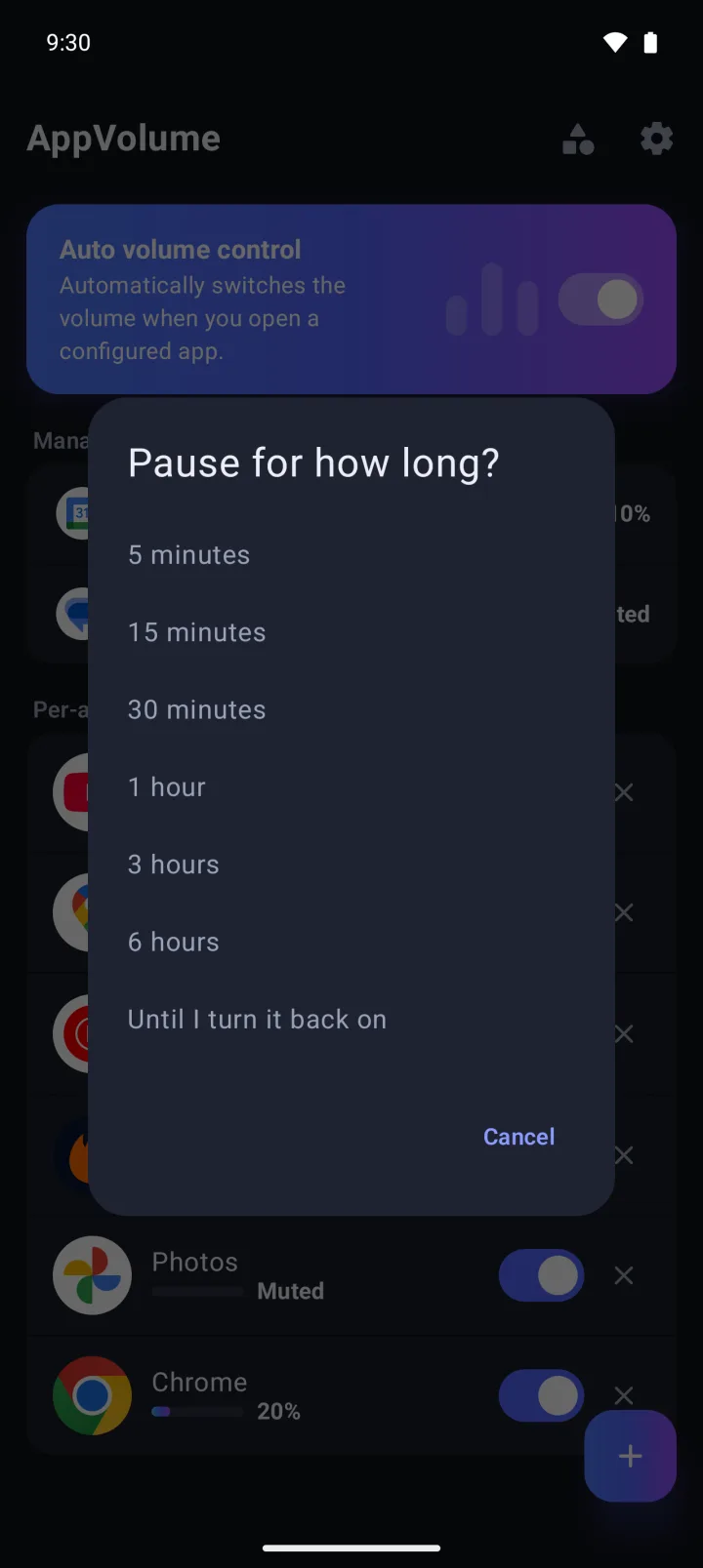 The pause dialog with options from 5 minutes to 6 hours, or until you turn it back on.