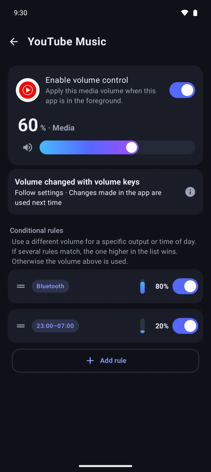 YouTube Music's settings: media volume at 60%, with conditional rules for Bluetooth at 80% and 23:00–07:00 at 20%.