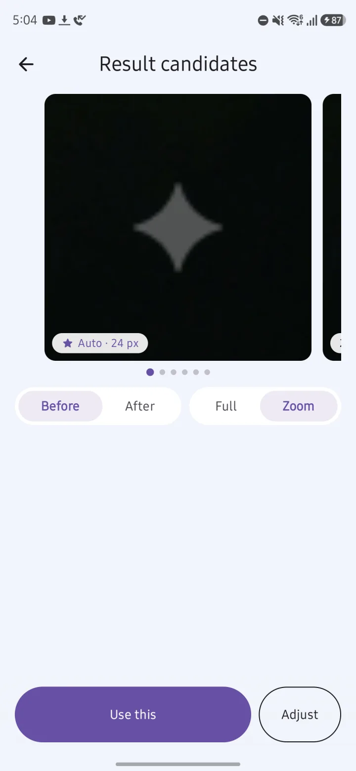Result candidates zoomed in on the sparkle logo before removal, with Before, After, Full and Zoom toggles and an Adjust button.
