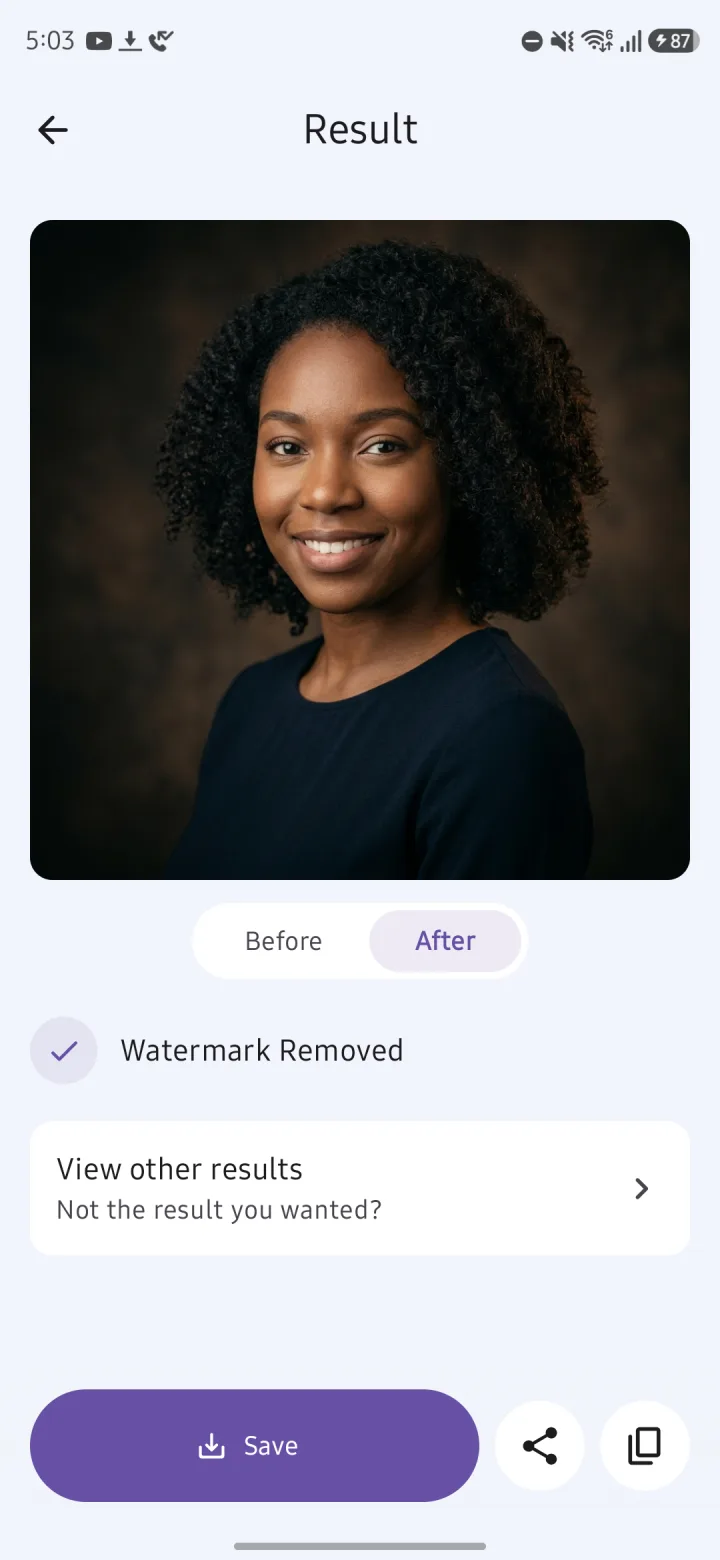 The Result screen showing a cleaned portrait, with Before and After buttons and a Watermark Removed check.