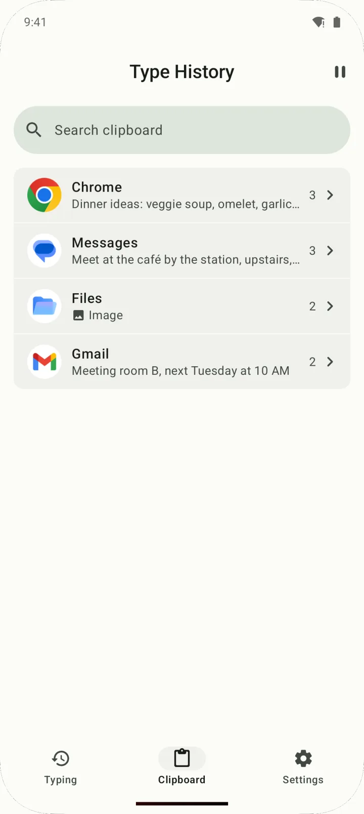 The Clipboard tab, with copied text grouped by the app it was copied from.